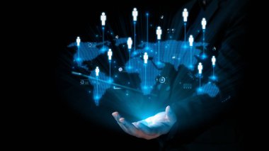 İş adamı ağ kurar, değerli bağlantılar kurar. Profesyonel ağı ve fırsatları genişletmek için etkili insan ağ oluşturma stratejileri UUID