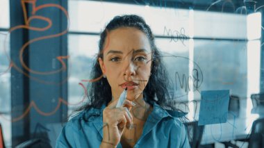 Genç İspanyol çalışanlar renkli yapışkan notlar yazıyorlar. Akıllı iş kadını pazarlama fikrini, beyin fırtınası stratejisini, iş planını paylaşıyor. Proje yöneticisi zihin haritası çiziyor. - Yakın çekim. Yönlendirici.