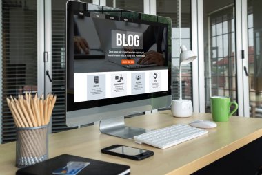 blogging concept, web blog Social Media Information network snugly. social media online content, freelance worker, working online, content creator, blogger, website, reading blog online on computer