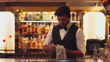 İyi görünümlü, gülümseyen, bardaki lüks içki tezgahında cam silen barmen profili. Bar gece kulübünde sıcak karşılayan profesyonel barmen kostümünü poz vermek için kameraya bakıyor. Vinosity.