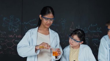 Değişik öğrenciler masada mikroskop ya da tüpü sıvıyla karıştırırken renkli solüsyonları karıştırıyorlar. Kimyasal teorisiyle karatahtanın önünde duran Asyalı kız deney tüpü tutuyor. Öğretim