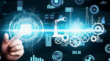 Futuristic industry 4.0 and inventive mechanized engineering concept with graphic user interface showing automation design, robot operation, usage of machine deep learning for future manufacturing.