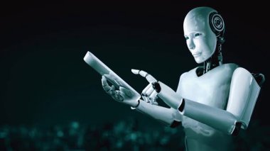 Büyük veri analizi için tablet bilgisayar kullanan robot insansı yapay zeka, yapay zeka ve 4. endüstriyel devrim için makine öğrenme yöntemlerini kullanıyor. 3B görüntüleme.