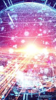 Fütürist küresel ağ ve dijital veri transferi 3D grafik. Yeni bilgi çağındaki küresel eğilimleri değiştiren akıllı dijital dönüşüm ve teknoloji bozulması kavramı .