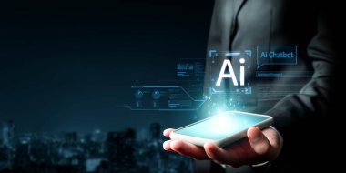 Yapay zeka sanal asistanı Chatbot ile yapay zeka konsepti ile insan etkileşimi, yapay zeka mühendisliği, LLM yapay zeka derin öğrenimi iş desteği için üretken yapay zeka kullanımı. FaaS