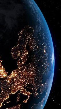 Gerçekçi coğrafya yüzeyi ve bulutların atmosferiyle Dünya 'nın 3D yörüngesel animasyonu. Kıtaları ve okyanus manzarasını gösteren dönen dünya küresi .