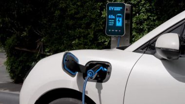 Doğal yeşil araba parkındaki ekolojik temiz enerji şarj istasyonundan gelen fütürist akıllı EV şarj aletinin şarj ettiği elektrikli araba. Alternatif enerji kullanan gelecekçi çevre dostu elektrikli araba. İnceleyin