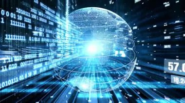 Fütürist küresel ağ ve dijital veri transferi 3D grafik. Yeni bilgi çağındaki küresel eğilimleri değiştiren akıllı dijital dönüşüm ve teknoloji bozulması kavramı .