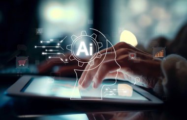 Yapay zeka mühendisliği, büyük veri ve yapay zeka makinesi kavramında yapay zeka beyin işlemcisiyle iş desteği için üretken yapay zeka kullanmayı öğrenen insan etkileşimi. EIDE