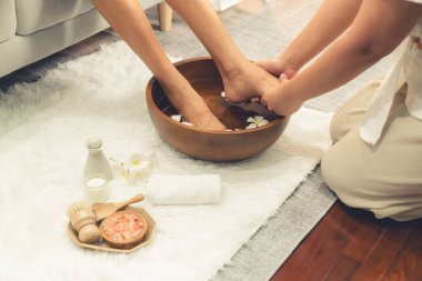 Kadınlar lüks spa salonlarında keyifli ayak masajlarına devam ederken, masör de hafif gün ışığı atmosferinde refleksoloji terapisi veya otel ayak spa 'sında. Sessiz.