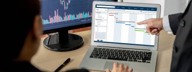 Ekip projesinin zaman çizelgesini gösteren bilgisayar ekranında canlı iş projesi yönetimi için proje planlama yazılımı