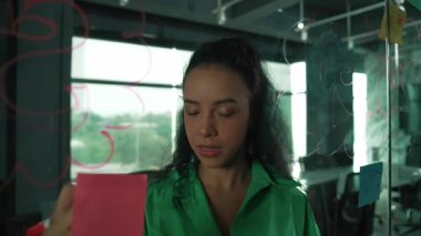 Fikirlerini paylaşmak için cam duvara yapışkan notlar yapıştıran zeki, yetenekli İspanyol menajer. Ofisteki cam tahtada yapışkan notlar kullanarak iş planı yapan profesyonel bir iş kadını. Yönlendirici.