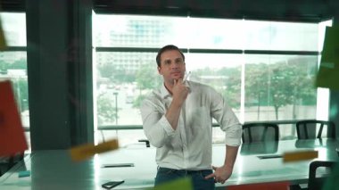 Akıllı iş adamı cam tahtanın önünde bir proje başlatmayı düşünüyor. Gülümseyen erkek proje yöneticisi yaratıcılık pazarlama stratejisini gösteren renkli yapışkan notlara bakıyor. Yönlendirici.