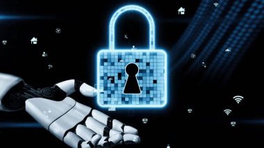 Gelecekçi robot yapay zeka yapay zeka yapay zekayı aydınlatıyor ve makine öğrenme kavramını geliştiriyor. İnsan hayatının geleceği için küresel robot biyonik bilim araştırması. 3B görüntüleme grafiği.