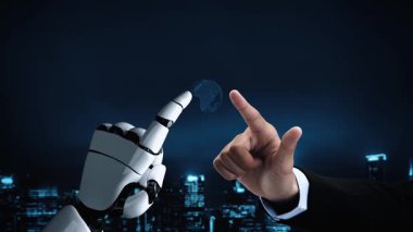 Gelecekçi robot yapay zeka yapay zeka yapay zekayı aydınlatıyor ve makine öğrenme kavramını geliştiriyor. İnsan hayatının geleceği için küresel robot biyonik bilim araştırması. 3B görüntüleme grafiği.