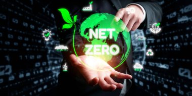 Sürdürülebilirlik simgeleriyle çevrili dijital küre, karbon emisyonlarını azaltma ve çevresel dengeyi sağlama amacını temsil etmektedir