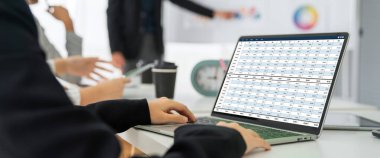 Bilgisayar ekranındaki muhasebe yazılımı finansal hesap tablolarını ve kurumsal iş dengelerini gösteriyor. Muhasebeciye iyi bir muhasebe sunuyor.