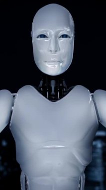 AI hominoid robot holding virtual hologram screen showing concept of big data analytic using artificial intelligence thinking by machine learning process. 3D rendering.