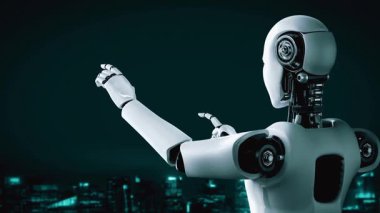 Yapay zeka robotu hologram ekranına dokunuyor ve makine öğrenme süreciyle yapay zeka kullanarak küresel iletişim ağı kavramını gösteriyor. 3B yorumlama bilgisayarı grafiği.