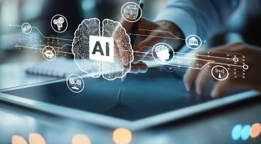 Bu resim yapay zekanın dijital teknolojiye entegrasyonunu gösteriyor, makine öğrenmesini ve derin öğrenmeyi fütüristik bir bağlamda vurguluyor. XDMCP