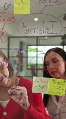 Genç yaratıcı şirket kurma ekibi fikir üretme ve sorunları renkli yapışkan notlar ve modern toplantı odasındaki zihin haritasını kullanarak çözme konusunda fikir üretiyor. Tartışıyoruz, birlikte çalışıyoruz. Tertemiz..