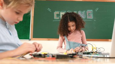 Kız tornavida kullanarak elektronik tahtayı tamir ederken ayakta duruyor. Amerikalı öğrenci ve beyaz çocuk elektrik sistemini denetlemek için birlikte çalışıyorlar. Gemide çalışan meraklı çocuklar. Pedagoji.