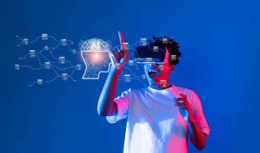 Genç bir insan sanal gerçekliği keşfediyor, bulut veri yönetimindeki yapay zeka kavramlarını vurguluyor ve mühendisliği teşvik ediyor. Teknoloji ve yeniliğin bir karışımı. XDMCP