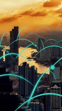 Küreselleşme soyut grafiği bağlantı ağını gösteren akıllı dijital şehir. Gelecekteki 5G akıllı kablosuz dijital şehir ve sosyal medya ağ sistemleri kavramı .