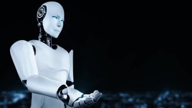 AI hominoid robot holding virtual hologram screen showing concept of AI brain and artificial intelligence thinking by machine learning process. 3D rendering.