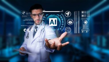 Bir doktor, modern bir tıbbi ortamda gelişmiş yapay zeka teknolojisiyle ilgilenerek, hasta bakımının ve sağlık yönetiminin geliştirilmesinde yeniliğin rolünü vurguluyor. PHMT