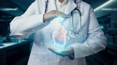 Close up of professional doctor holding heart anatomy hologram floating at hospital. Smart medical worker checking and preparing for heart surgery by using technology innovation. Cardiology. Remedial. clipart