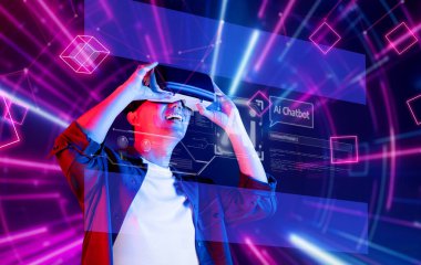 Bir insan, yapay zeka gelişmelerini ve gelecekteki teknoloji kavramlarını sembolize eden canlı bir dijital dünyaya dalmış bir sanal gerçeklik kulaklığıyla neşeyle meşgul olur. XDMCP