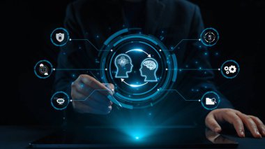 Yapay zeka mühendisliği, büyük veri ve yapay zeka makinesi kavramında yapay zeka beyin işlemcisiyle iş desteği için üretken yapay zeka kullanmayı öğrenen insan etkileşimi. Kullanıcı Kimliği