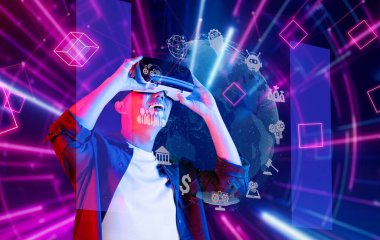 Yapay zeka teknolojisi ve sanal gerçekliğin kesişiminin dinamik bir temsili, kullanıcı ilgisini ve canlı görsel efektleri olan yenilikçi tasarımı gösteriyor. XDMCP