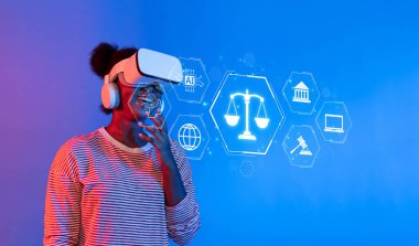 Bu resim, modern toplumda yapay zeka ve dijital yönetimin etik ve yasal etkilerini düşünerek sanal gerçeklik kulaklığı takan bir insanı gösteriyor. XDMCP