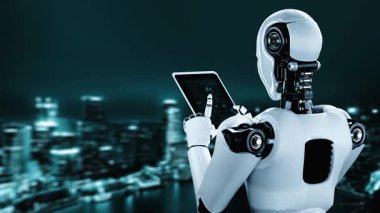Futuristic robot artificial intelligence huminoid AI for industrial factory technology development and machine learning concept. robotic bionic science research for future of human life. 3D rendering.