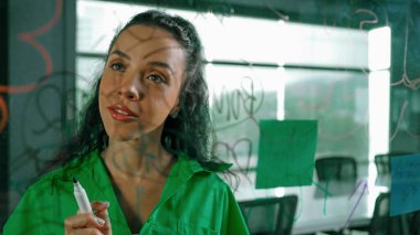 Genç İspanyol çalışanlar renkli yapışkan notlar yazıyorlar. Akıllı iş kadını pazarlama fikrini, beyin fırtınası stratejisini, iş planını paylaşıyor. Proje yöneticisi zihin haritası çiziyor. - Yakın çekim. Yönlendirici.