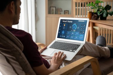 Smart home technology, centric remote control system with digital dashboard for air conditioning, safety security network or house automation. App software, ui panel programming IOT monitor snugly