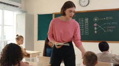 Profesyonel mutlu öğretmen sınıfta otururken sevimli bir öğrenciden not defteri topluyor. Kafkas hocası sınıfta dolaşırken çocukların ödevlerini topluyor. Eğitim konsepti. Pedagoji.