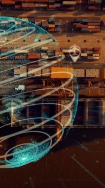 Mal ithalatı ve ihracat hisseleri hesaplamalarını kontrol etmek için akıllı dijital otonom teknoloji kavramını gösteren ağ teknolojisinin grafiğiyle liman hava görüntüsü .