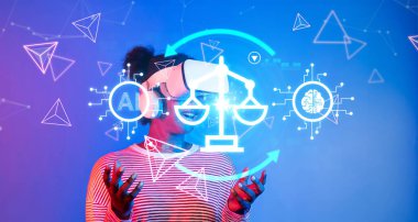 Bu görüntü dijital etik ve yapay zekanın kesişimlerini yakalar, sanal bir ortamda hukuki gereksinimler ve sorumluluklar gösterir. XDMCP