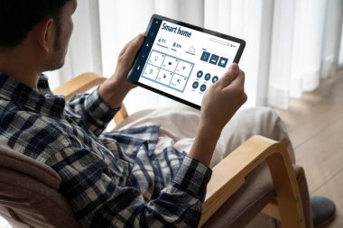 Smart home technology, centric remote control system with digital dashboard for air conditioning, safety security network or house automation. App software, ui panel programming IOT monitor snugly