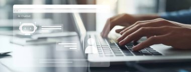 Yapay zeka sanal asistanı Chatbot ile yapay zeka konsepti ile insan etkileşimi, yapay zeka mühendisliği, LLM yapay zeka derin öğrenimi iş desteği için üretken yapay zeka kullanımı. EIDE