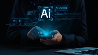 Yapay zeka sanal asistanı Chatbot ile yapay zeka konsepti ile insan etkileşimi, yapay zeka mühendisliği, LLM yapay zeka derin öğrenimi iş desteği için üretken yapay zeka kullanımı. Kullanıcı Kimliği
