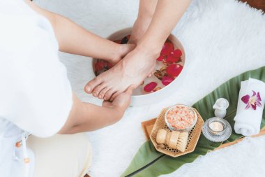 Kadınlar lüks spa salonlarında keyifli ayak masajlarına devam ederken, masör de hafif gün ışığı atmosferinde refleksoloji terapisi veya otel ayak spa 'sında. Sessiz.