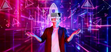 Sanal gerçeklikteki bir girişimci, dijital ortamda yenilik ve büyümeyi simgeleyen fütüristik grafiklerle çevrili yeni iş fırsatları öngörüyor. XDMCP