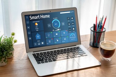 Smart home technology, centric remote control system with digital dashboard for air conditioning, safety security network or house automation. App software, ui panel programming IOT monitor snugly