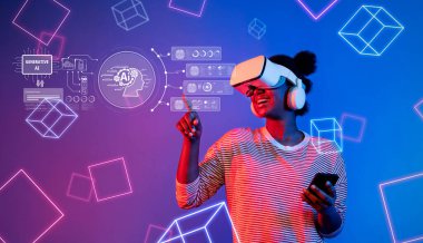 Canlı bir görüntü, dinamik yapay zeka grafikleriyle çevrili, yaratıcılığı ve gelecekteki teknolojiyi temsil eden sanal gerçeklik deneyiminden zevk alan genç bir kadını gösteriyor. XDMCP