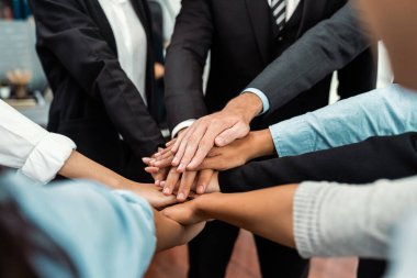 Çok ırklı iş adamları toplantı odasında iş birliği ya da şirket çalışanları için takım oluşturma amacıyla bir araya toplanıyorlar. Çok titiz.