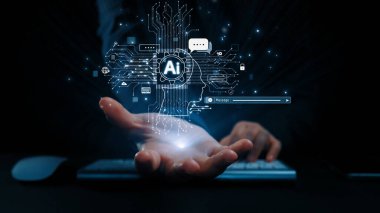 Yapay zeka mühendisliği, büyük veri ve yapay zeka makinesi kavramında yapay zeka beyin işlemcisiyle iş desteği için üretken yapay zeka kullanmayı öğrenen insan etkileşimi. Kullanıcı Kimliği